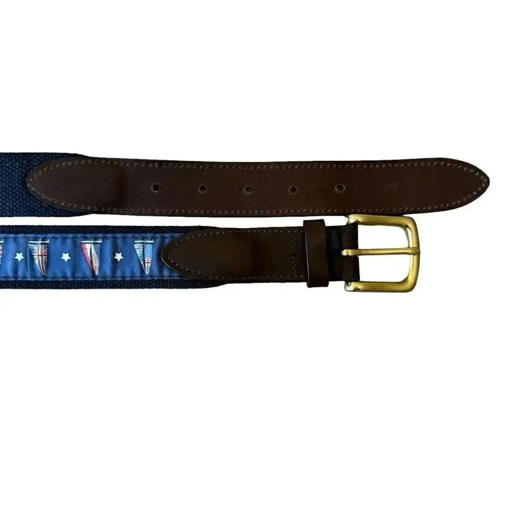 Vineyard Vines America’s Cup Navy Sailboats Canvas Club Belt Brown Leather SZ 44